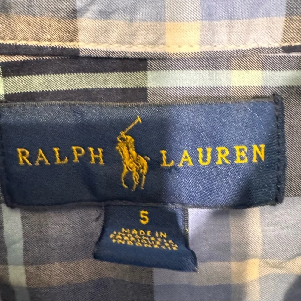 Ralph Lauren Boys 2 Pcs Set Navy Chinos & Blue Button Down Plaid Shirt Size 5